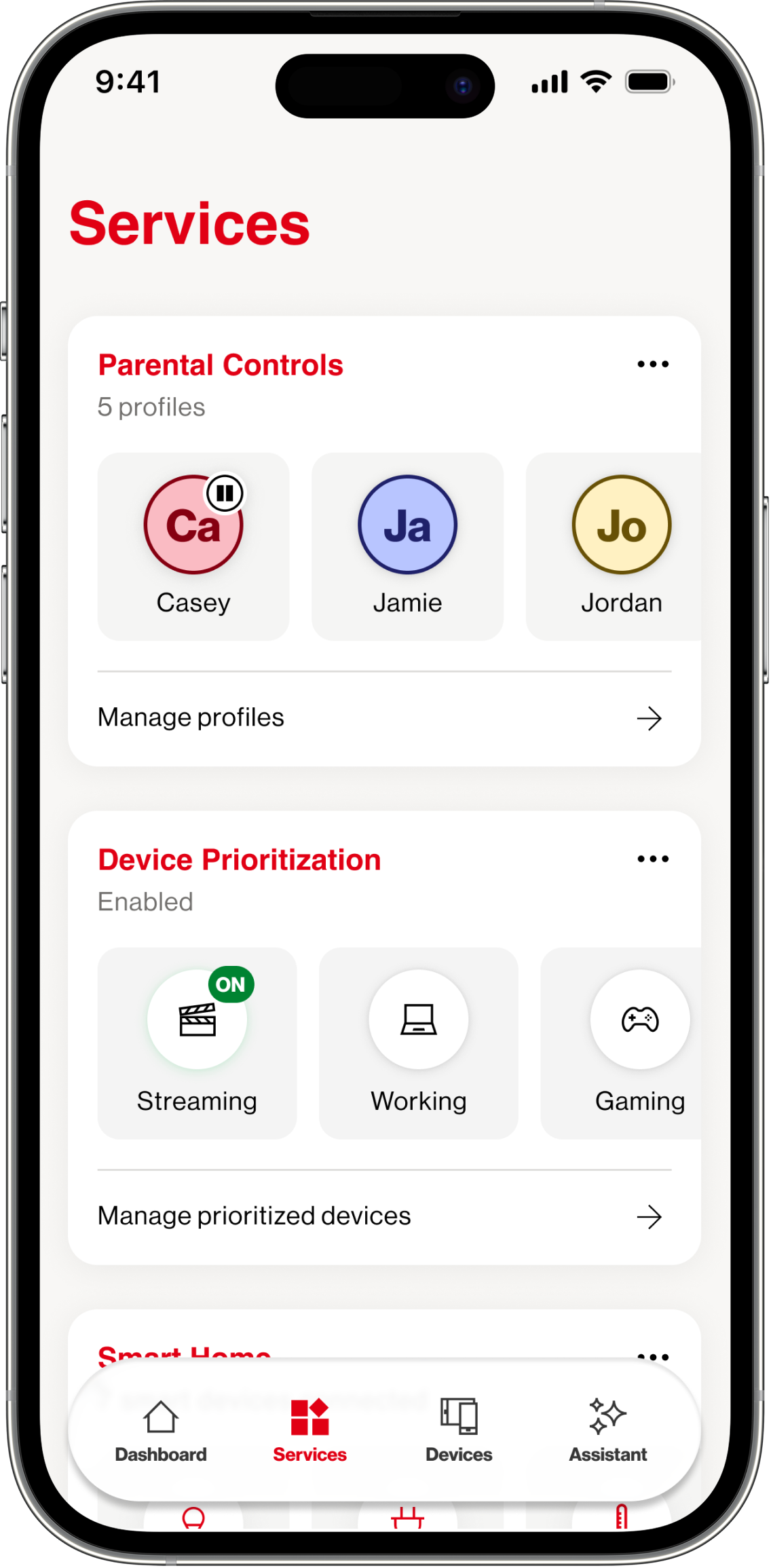 Verizon Home App — Services screen